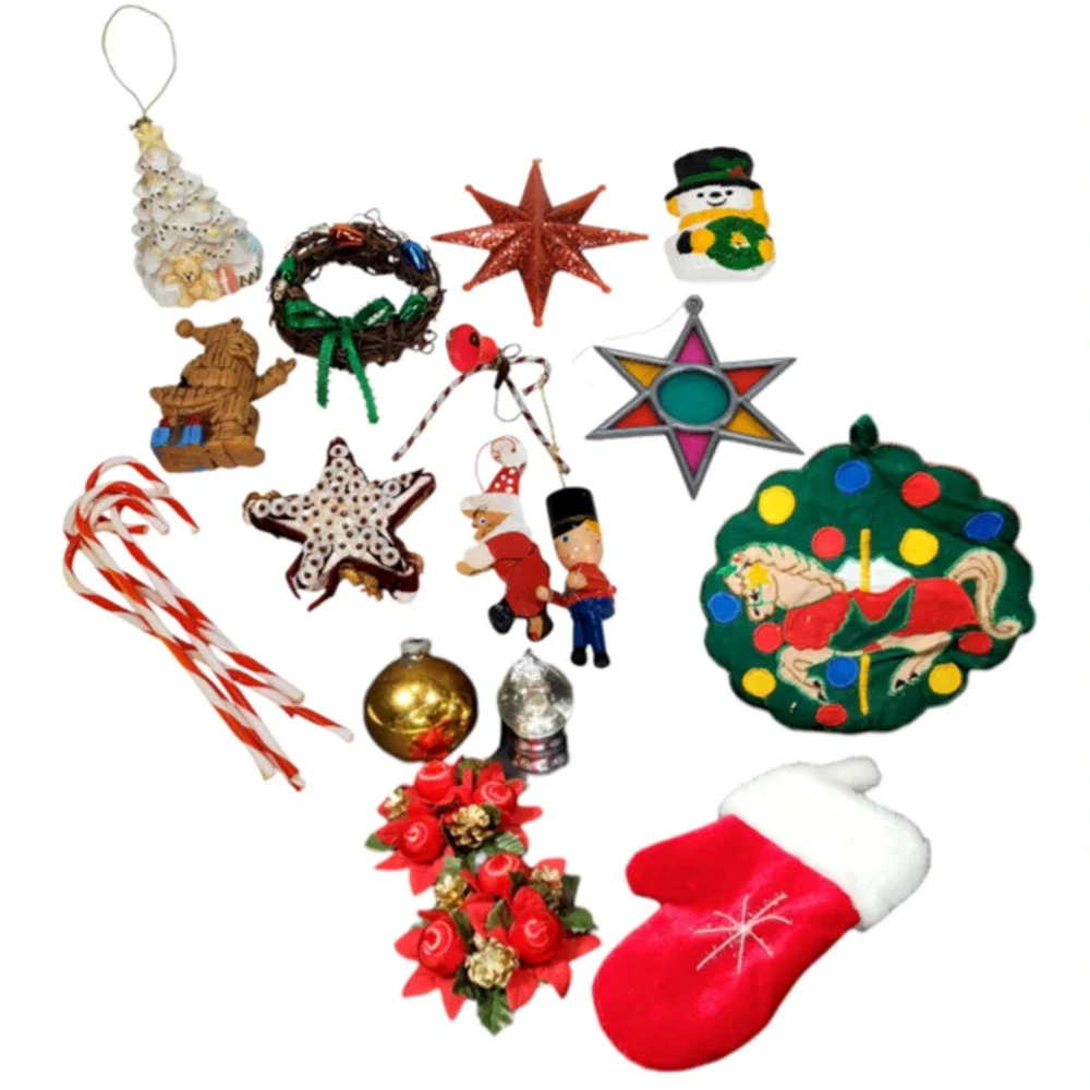 Vtg Christmas Junk Drawer Lot of 20+ Tree Ornaments Holiday Indoor Decorative